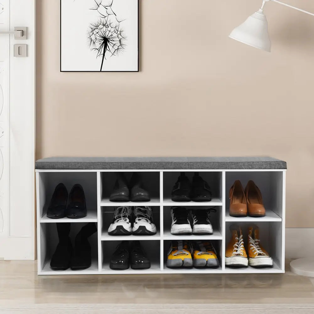 10-Cube Organizer Entryway Padded Shoe Storage Bench-White - White - Shoe Racks & Storage Benches