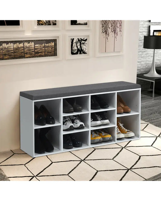 10-Cube Organizer Entryway Padded Shoe Storage Bench-White - White - Shoe Racks & Storage Benches