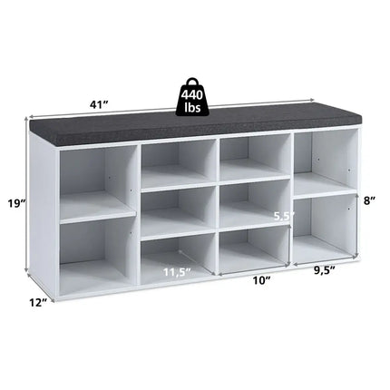 10-Cube Organizer Entryway Padded Shoe Storage Bench-White - White - Shoe Racks & Storage Benches