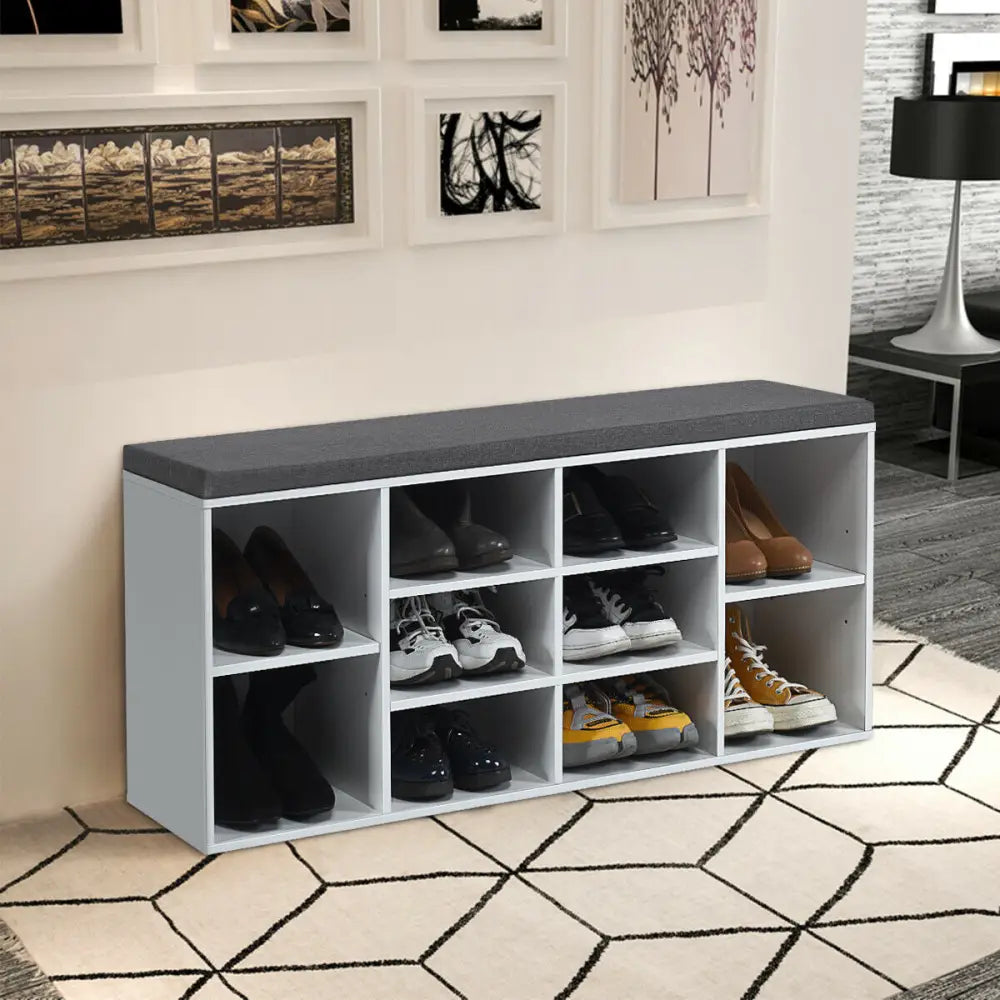 10-Cube Organizer Entryway Padded Shoe Storage Bench-White - White - Shoe Racks & Storage Benches