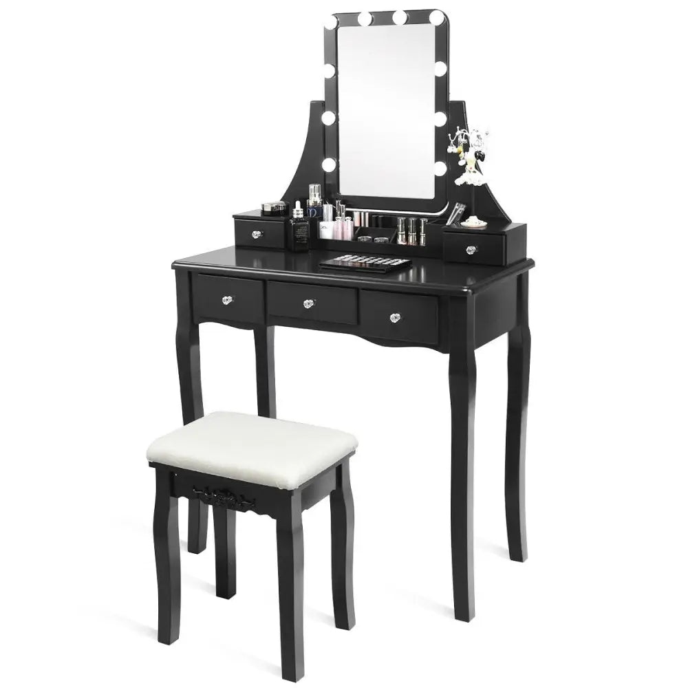 10 Dimmable Light Bulbs Vanity Dressing Table with 2 Dividers and Cushioned Stool-Black - Black - Makeup Vanities