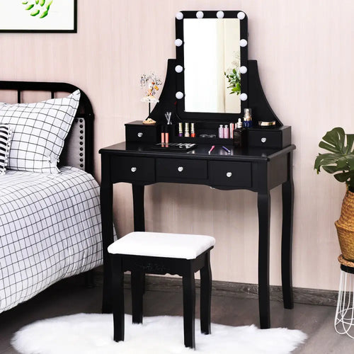 10 Dimmable Light Bulbs Vanity Dressing Table with 2 Dividers and Cushioned Stool-Black - Black - Makeup Vanities