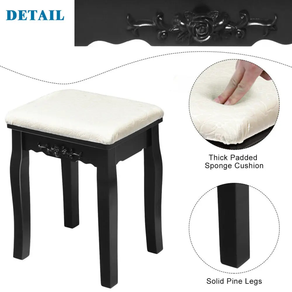 10 Dimmable Light Bulbs Vanity Dressing Table with 2 Dividers and Cushioned Stool-Black - Black - Makeup Vanities