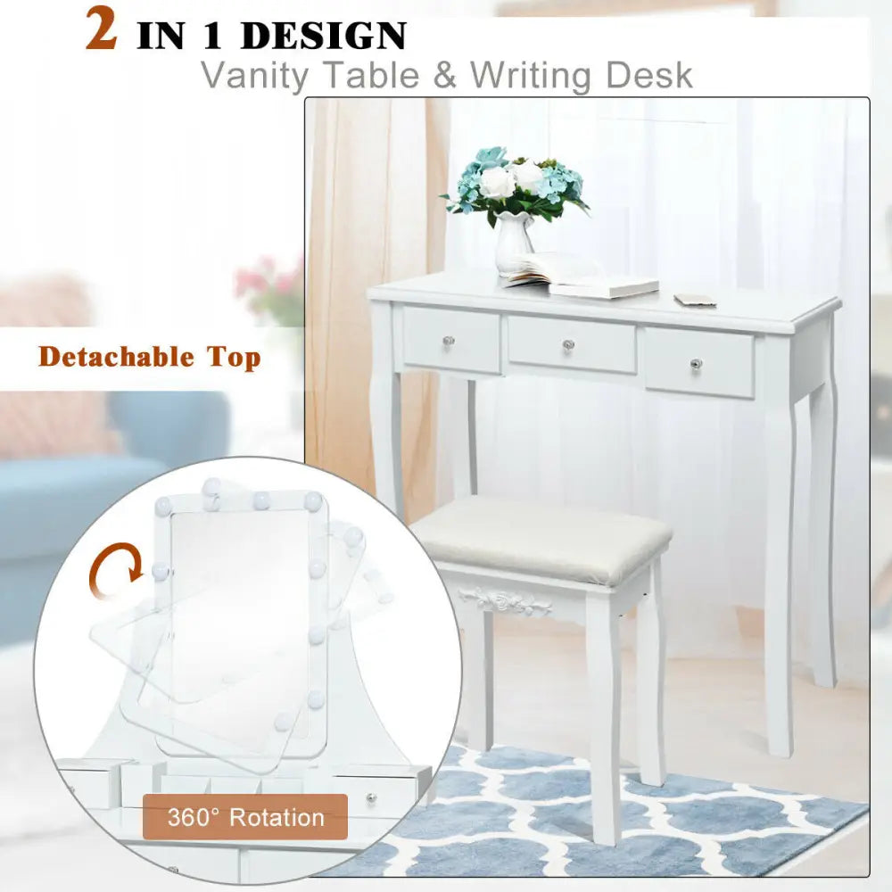10 Dimmable Light Bulbs Vanity Dressing Table with 2 Dividers and Cushioned Stool-White - White - Makeup Vanities