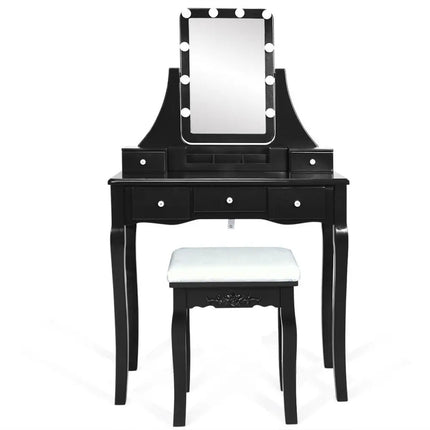 10 Dimmable Light Bulbs Vanity Dressing Table with 2 Dividers and Cushioned Stool-Black - Black - Makeup Vanities