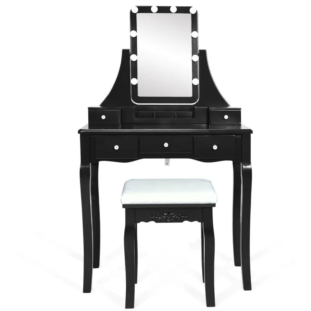 10 Dimmable Light Bulbs Vanity Dressing Table with 2 Dividers and Cushioned Stool-Black - Black - Makeup Vanities