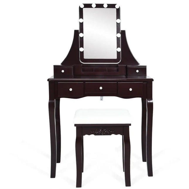 10 Dimmable Light Bulbs Vanity Dressing Table with 2 Dividers and Cushioned Stool-Brown - Brown - Makeup Vanities