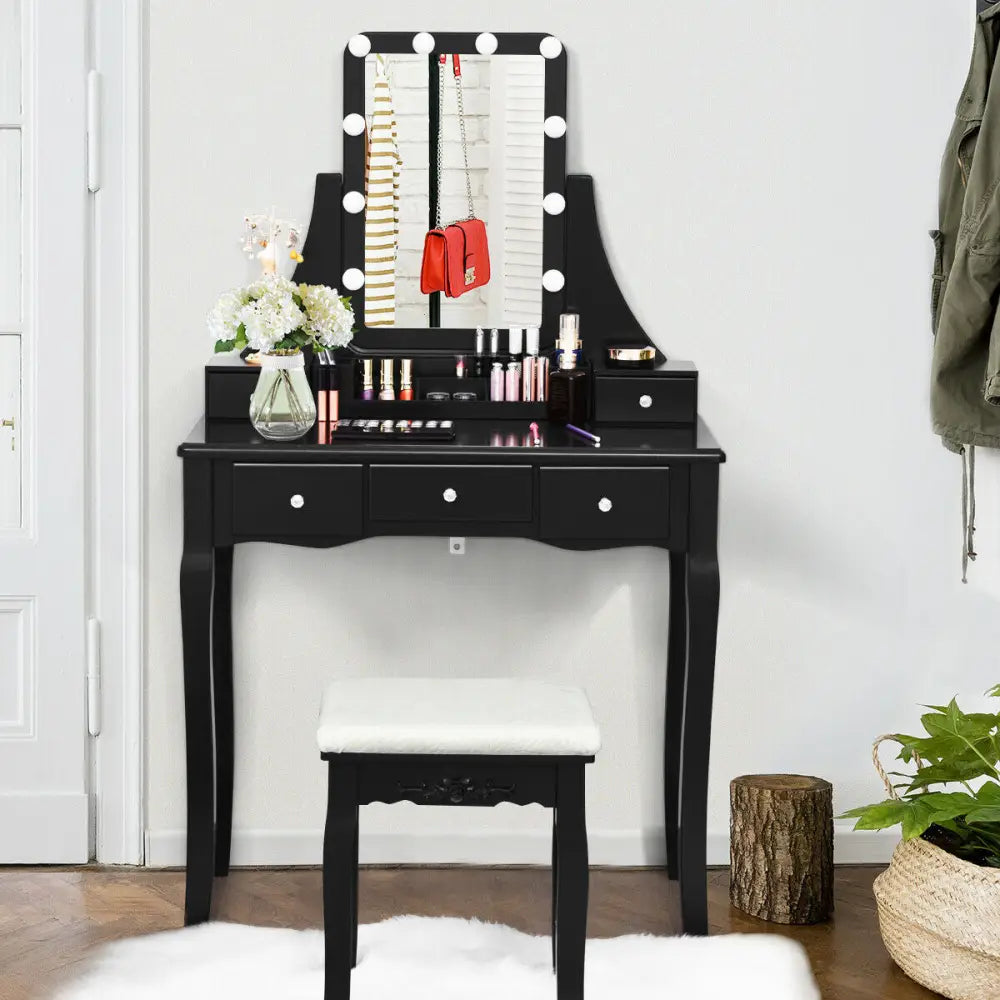 10 Dimmable Light Bulbs Vanity Dressing Table with 2 Dividers and Cushioned Stool-Black - Black - Makeup Vanities