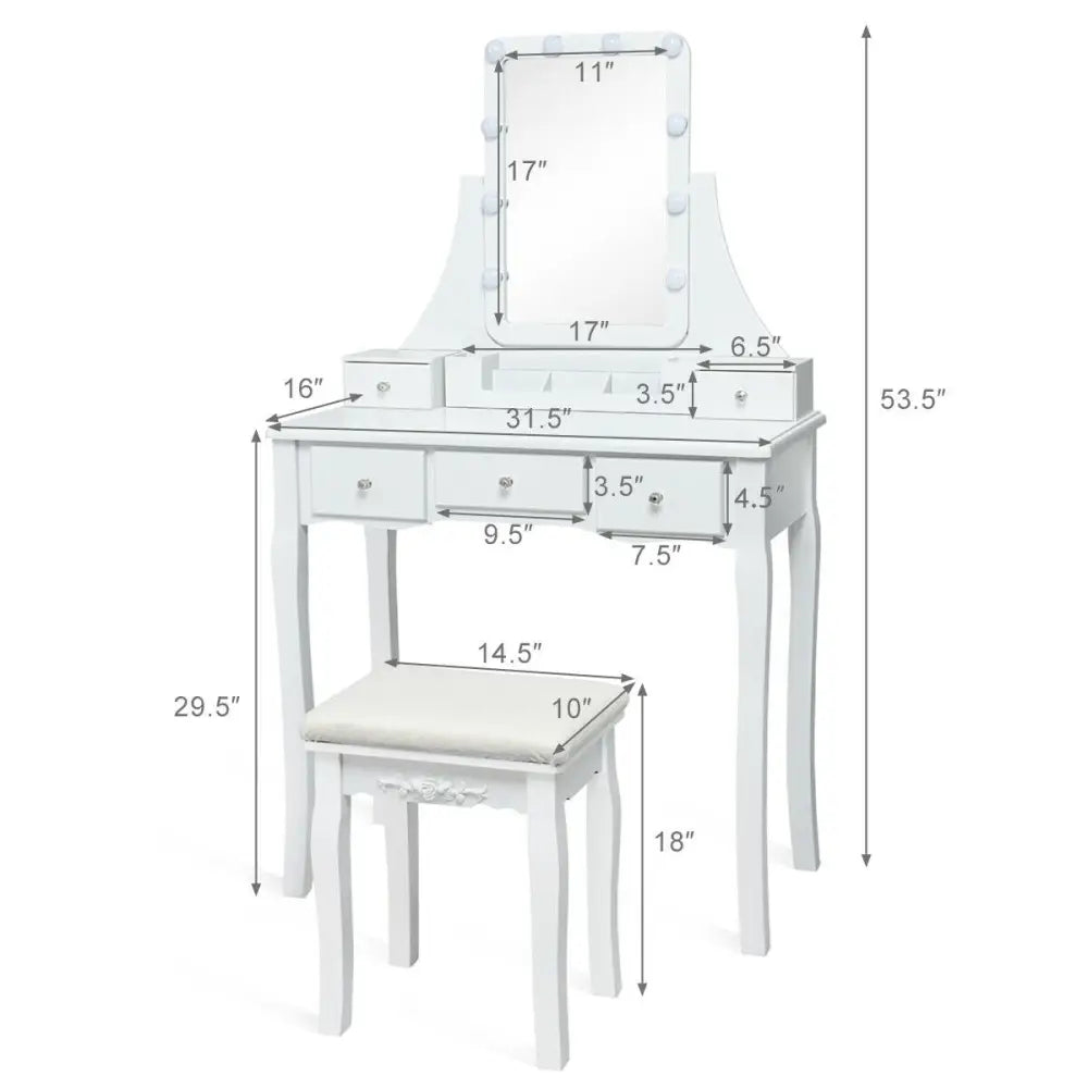 10 Dimmable Light Bulbs Vanity Dressing Table with 2 Dividers and Cushioned Stool-White - White - Makeup Vanities