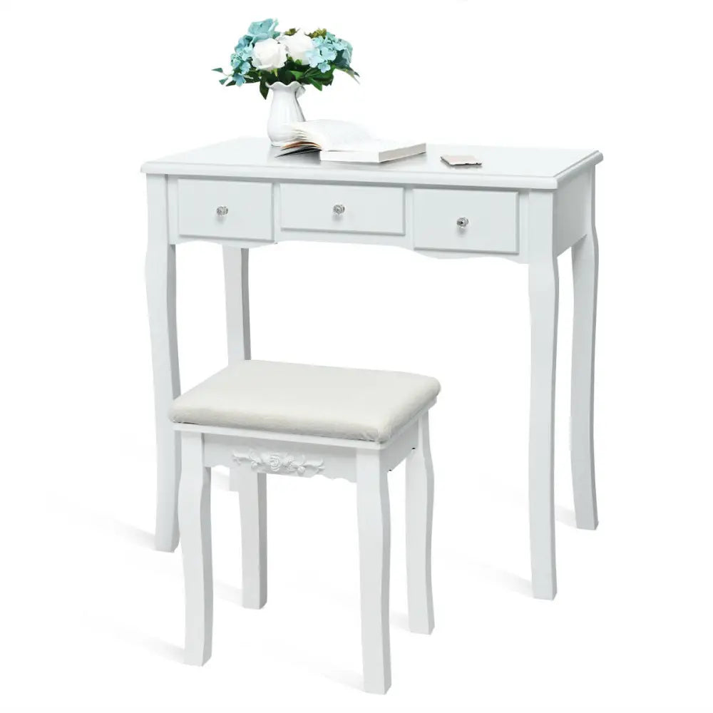 10 Dimmable Light Bulbs Vanity Dressing Table with 2 Dividers and Cushioned Stool-White - White - Makeup Vanities