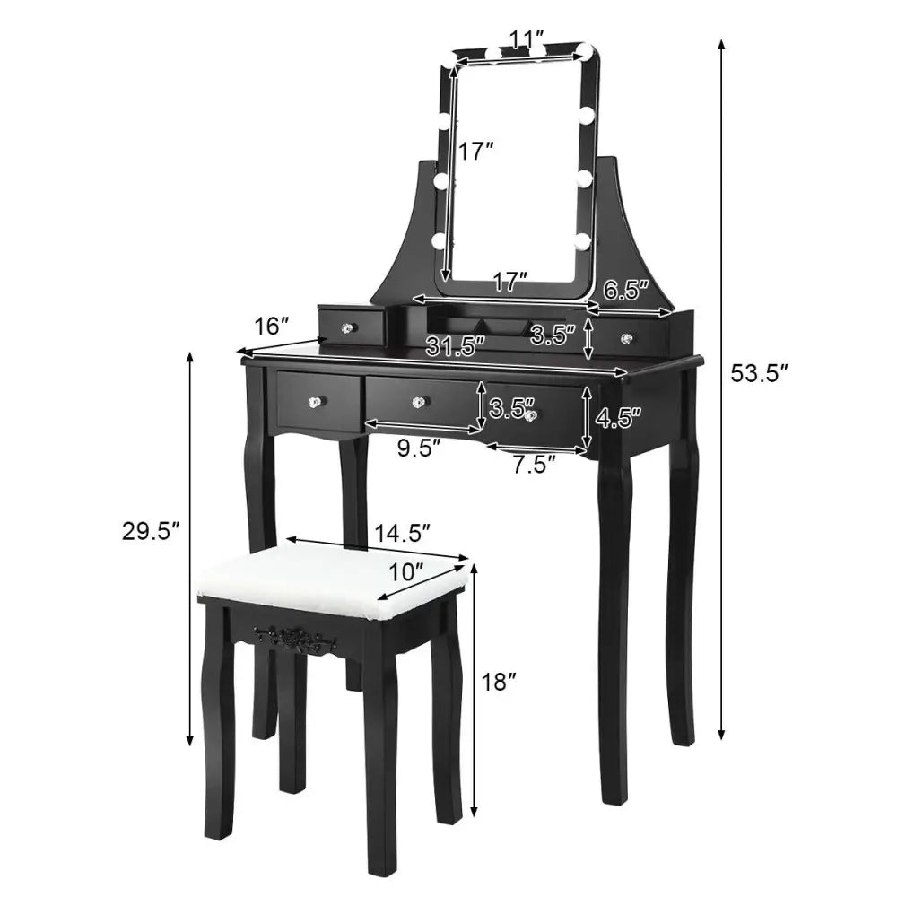 10 Dimmable Light Bulbs Vanity Dressing Table with 2 Dividers and Cushioned Stool-Black - Black - Makeup Vanities