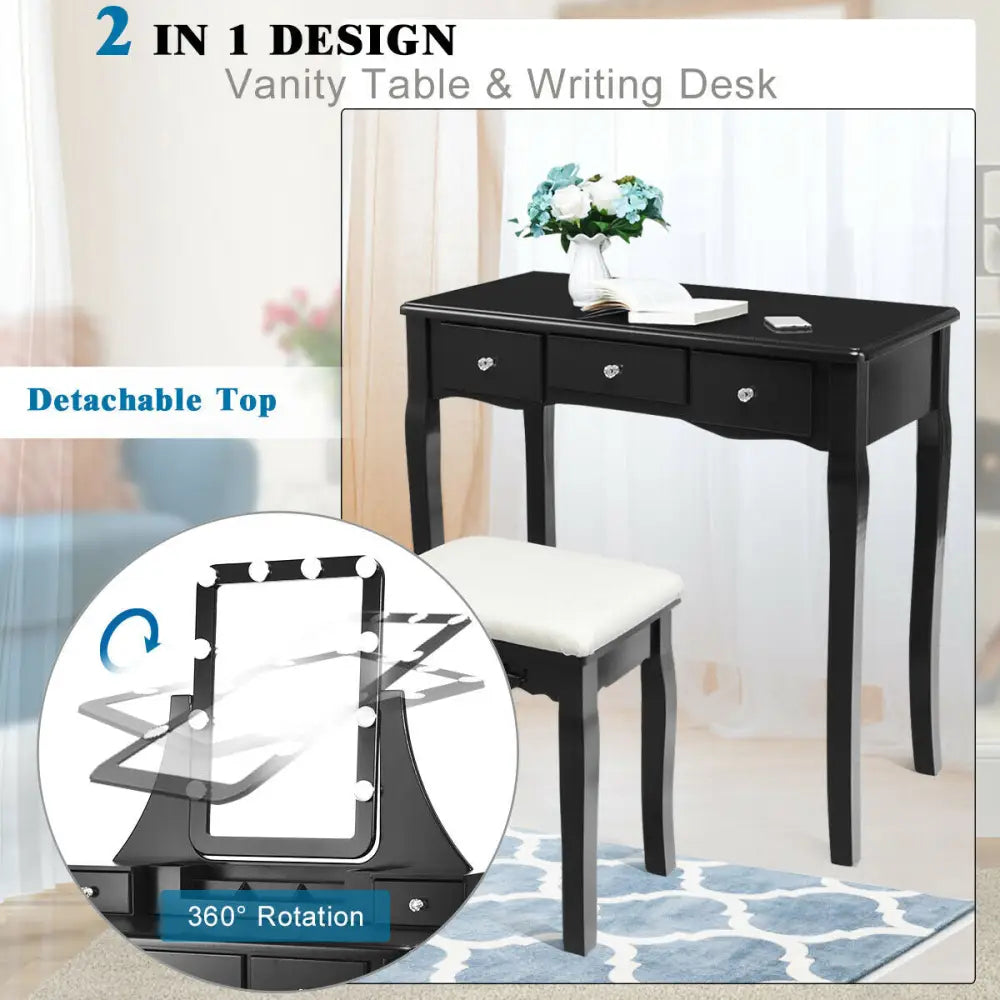10 Dimmable Light Bulbs Vanity Dressing Table with 2 Dividers and Cushioned Stool-Black - Black - Makeup Vanities