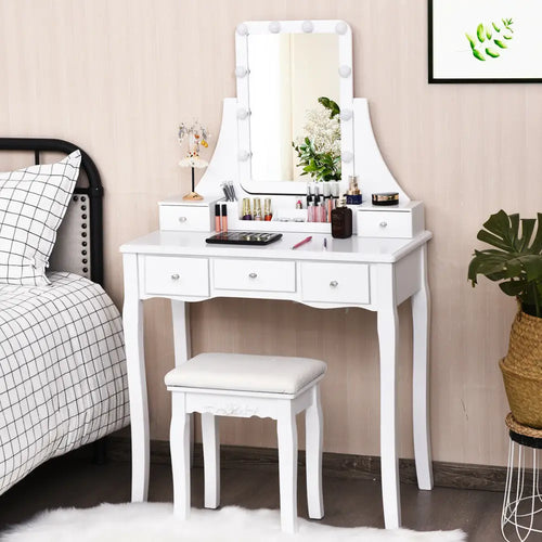 10 Dimmable Light Bulbs Vanity Dressing Table with 2 Dividers and Cushioned Stool-White - White - Makeup Vanities