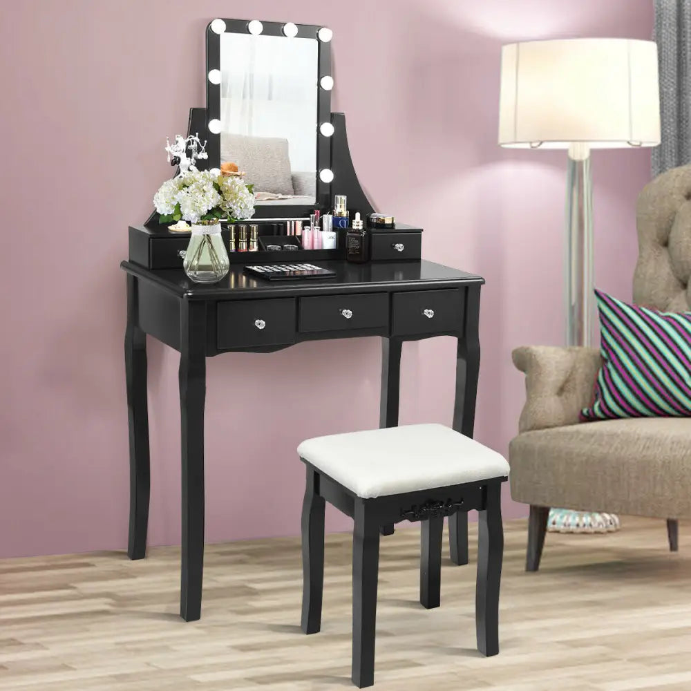 10 Dimmable Light Bulbs Vanity Dressing Table with 2 Dividers and Cushioned Stool-Black - Black - Makeup Vanities
