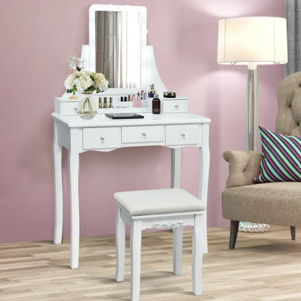 10 Dimmable Light Bulbs Vanity Dressing Table with 2 Dividers and Cushioned Stool-White - White - Makeup Vanities