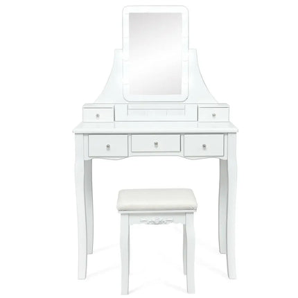 10 Dimmable Light Bulbs Vanity Dressing Table with 2 Dividers and Cushioned Stool-White - White - Makeup Vanities