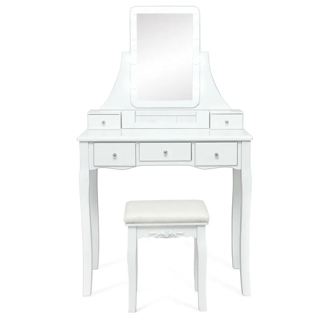 10 Dimmable Light Bulbs Vanity Dressing Table with 2 Dividers and Cushioned Stool-White - White - Makeup Vanities