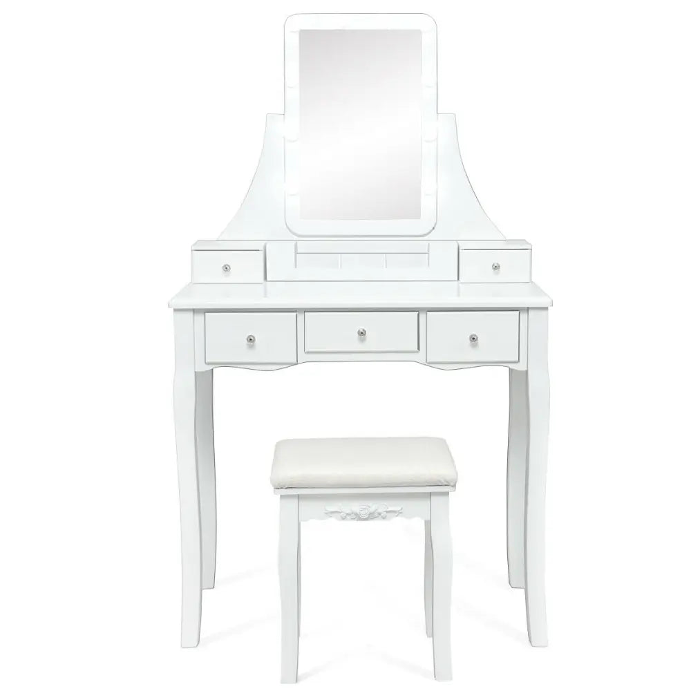10 Dimmable Light Bulbs Vanity Dressing Table with 2 Dividers and Cushioned Stool-White - White - Makeup Vanities