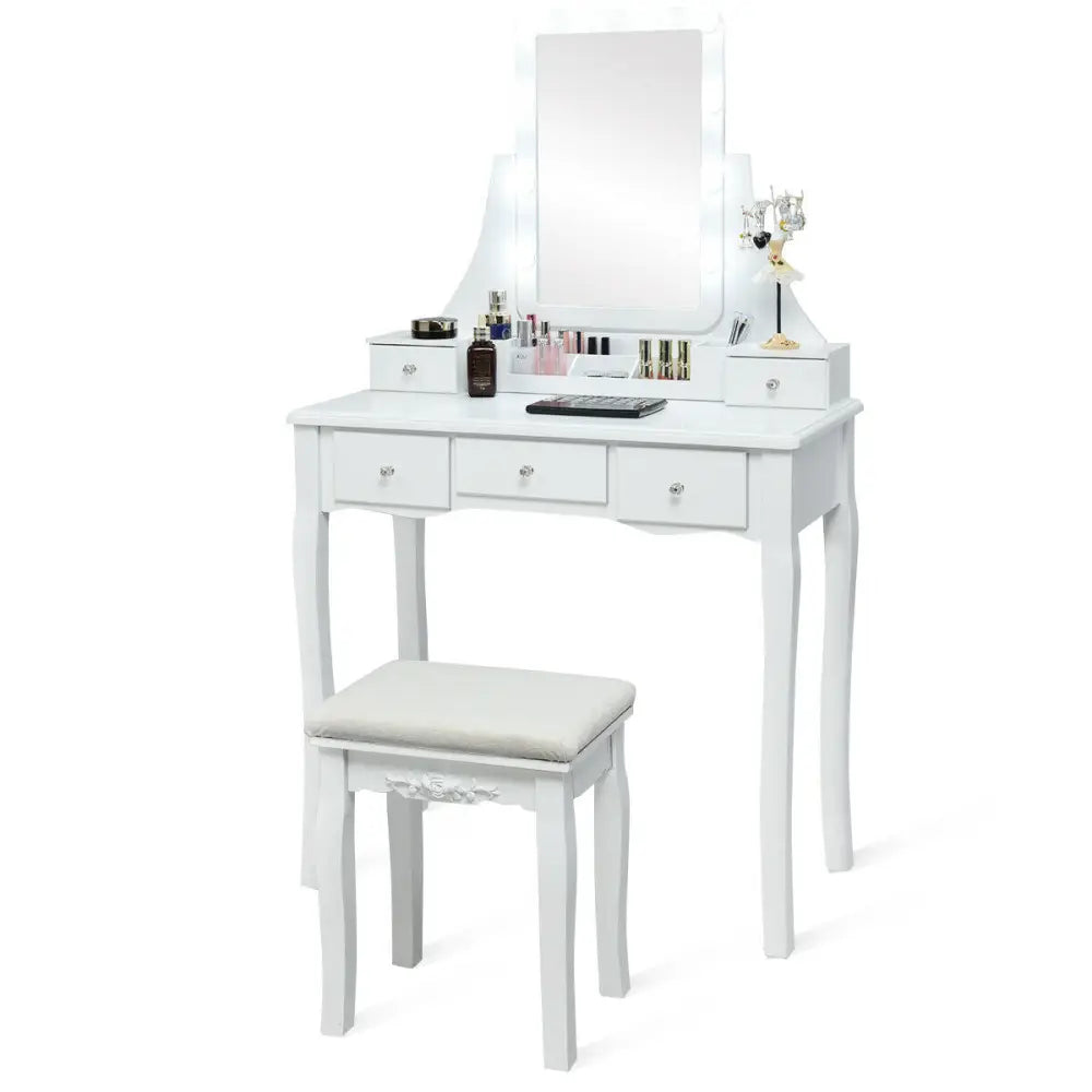 10 Dimmable Light Bulbs Vanity Dressing Table with 2 Dividers and Cushioned Stool-White - White - Makeup Vanities