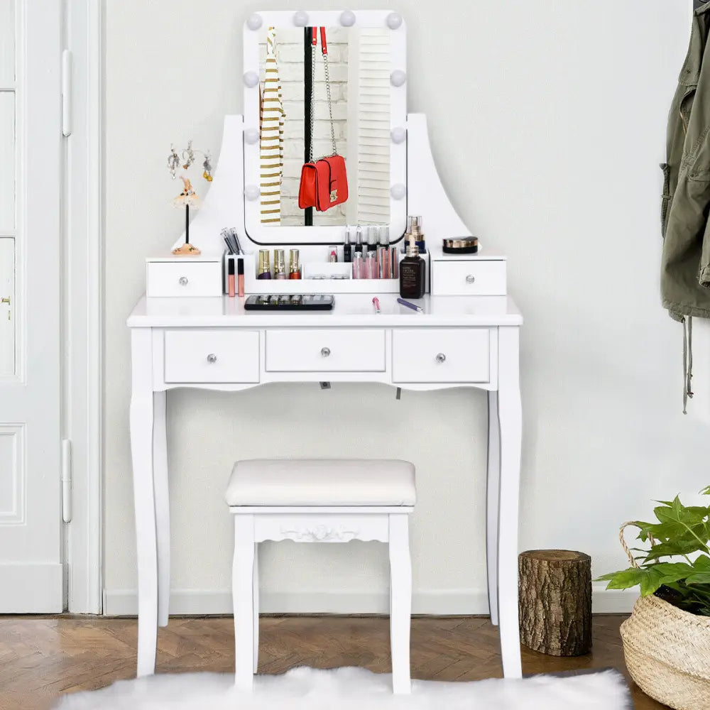 10 Dimmable Light Bulbs Vanity Dressing Table with 2 Dividers and Cushioned Stool-White - White - Makeup Vanities