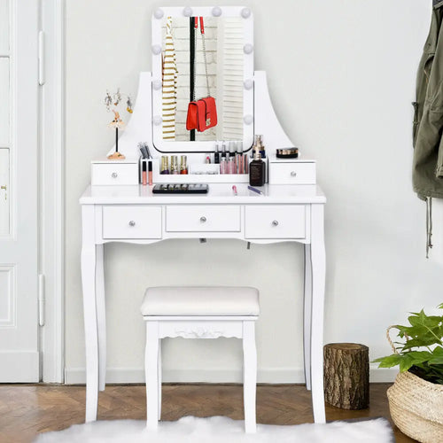 10 Dimmable Light Bulbs Vanity Dressing Table with 2 Dividers and Cushioned Stool-White - White - Makeup Vanities