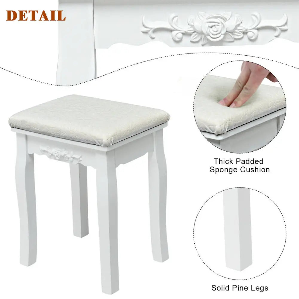 10 Dimmable Light Bulbs Vanity Dressing Table with 2 Dividers and Cushioned Stool-White - White - Makeup Vanities
