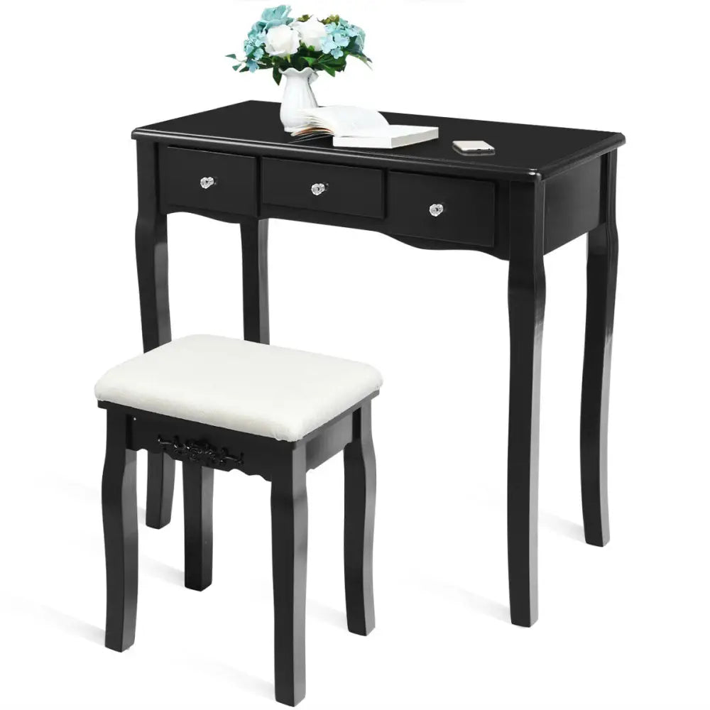 10 Dimmable Light Bulbs Vanity Dressing Table with 2 Dividers and Cushioned Stool-Black - Black - Makeup Vanities