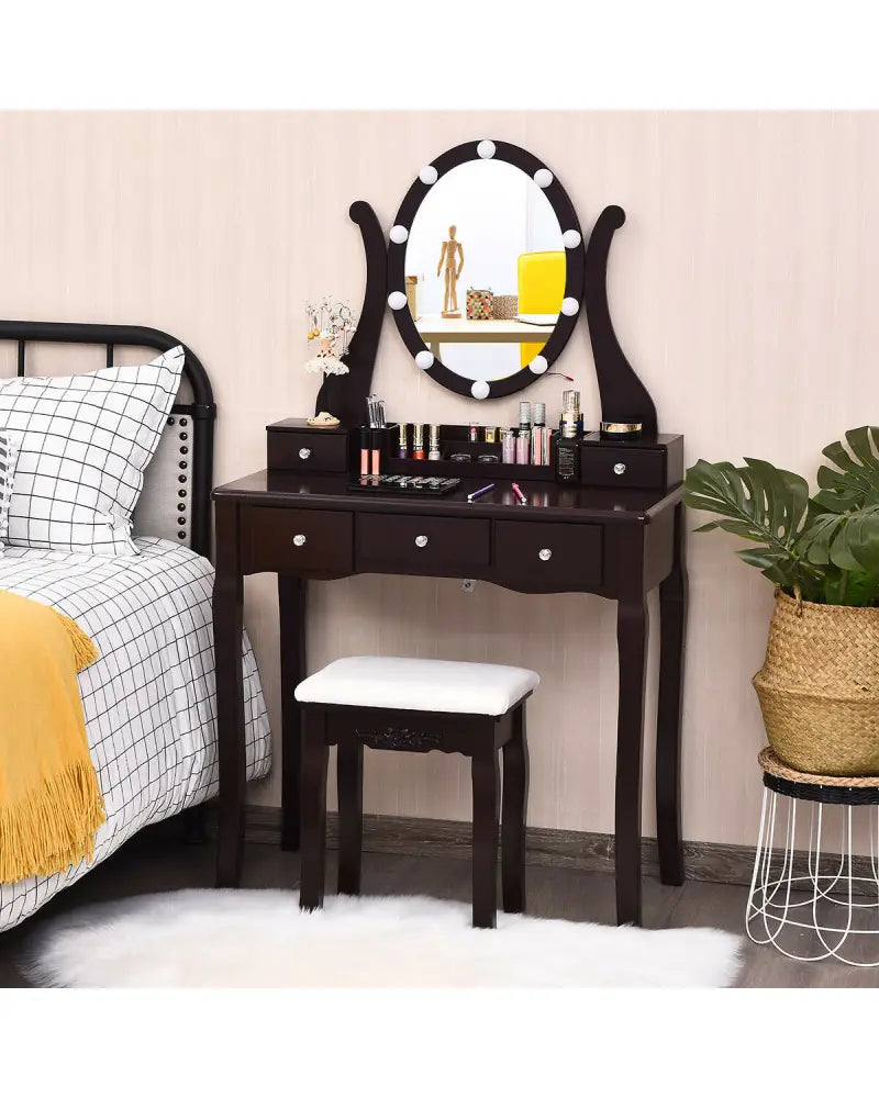 10 Dimmable Lights Vanity Table Set with Lighted Mirror and Cushioned Stool-Brown - Brown - Makeup Vanities