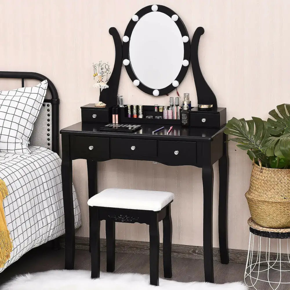 10 Dimmable Lights Vanity Table Set with Lighted Mirror and Cushioned Stool-Black Costway