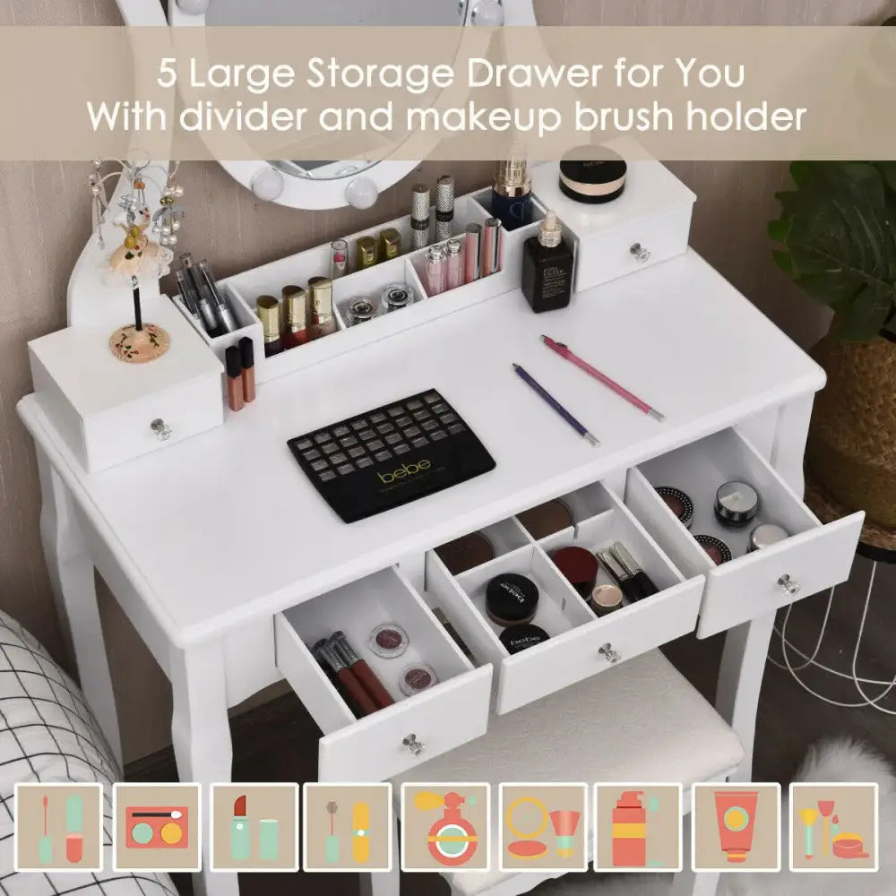 10 Dimmable Lights Vanity Table Set with Lighted Mirror and Cushioned Stool-White Costway