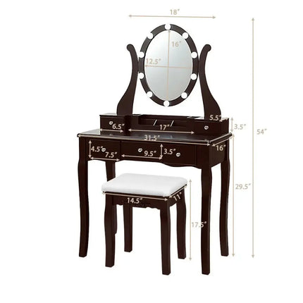 10 Dimmable Lights Vanity Table Set with Lighted Mirror and Cushioned Stool-Brown Costway