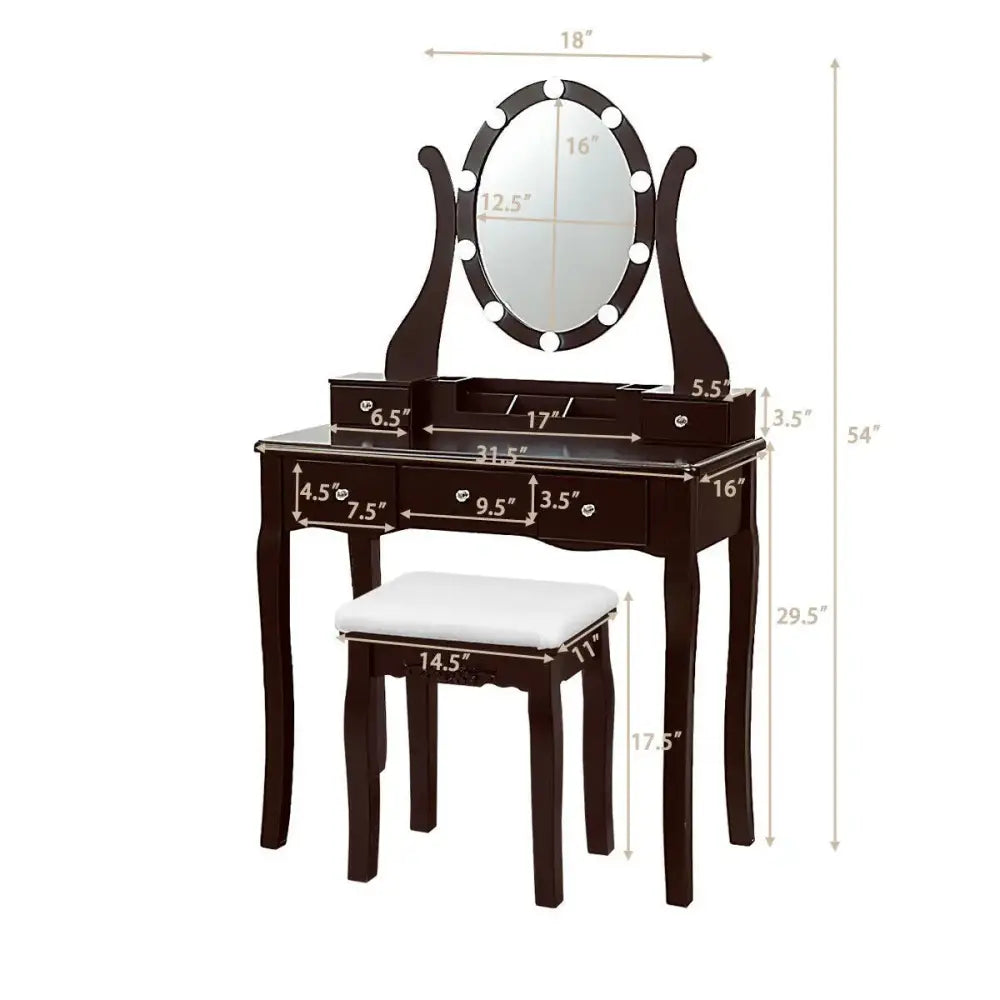 10 Dimmable Lights Vanity Table Set with Lighted Mirror and Cushioned Stool-Brown Costway