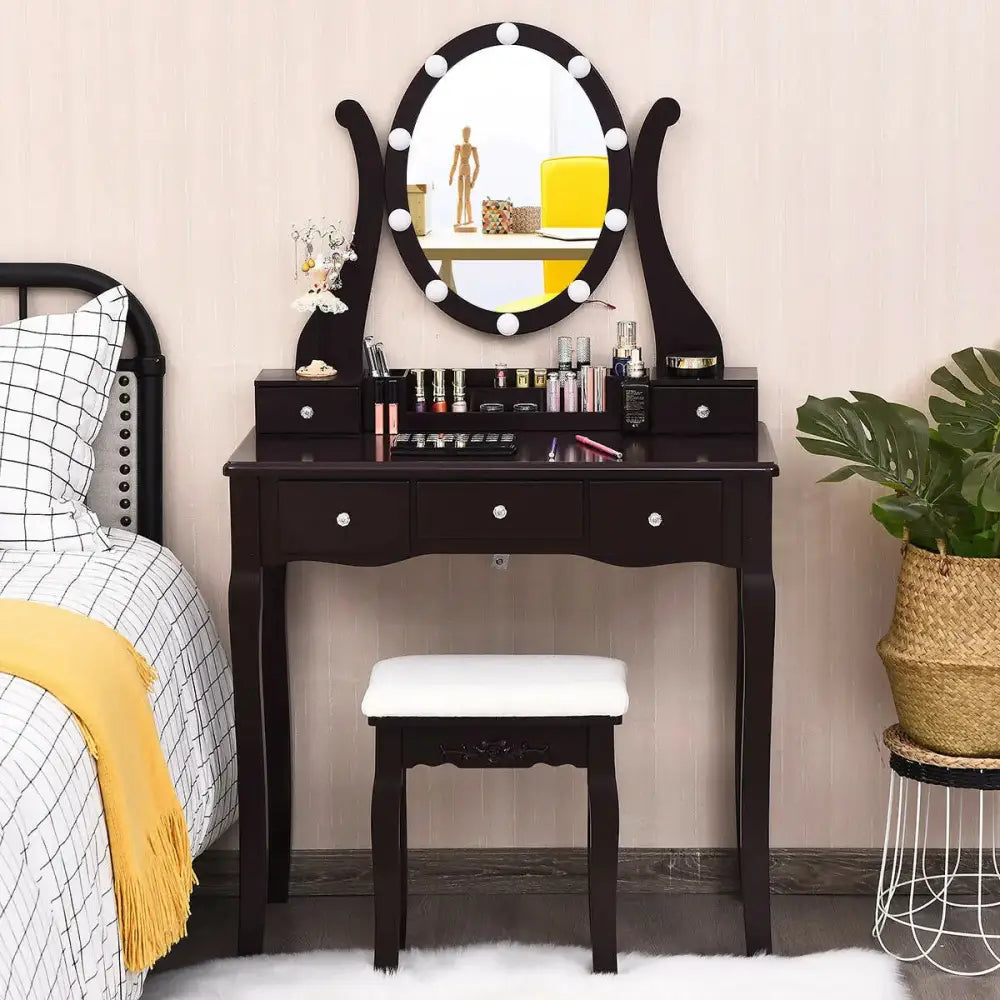 10 Dimmable Lights Vanity Table Set with Lighted Mirror and Cushioned Stool-Brown Costway