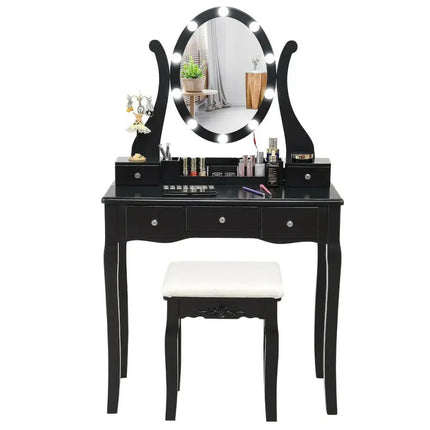 10 Dimmable Lights Vanity Table Set with Lighted Mirror and Cushioned Stool-Black Costway