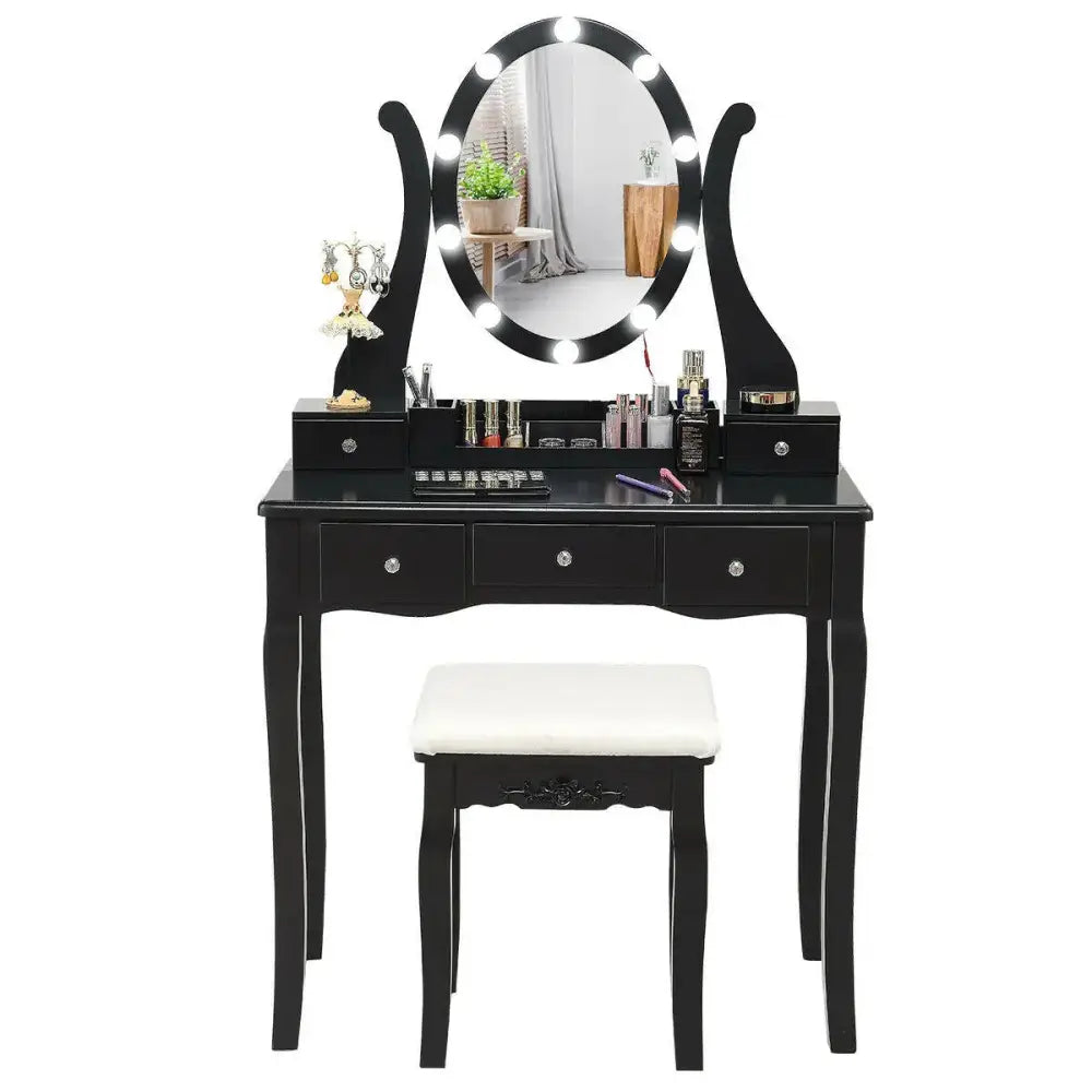 10 Dimmable Lights Vanity Table Set with Lighted Mirror and Cushioned Stool-Black Costway