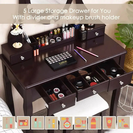 10 Dimmable Lights Vanity Table Set with Lighted Mirror and Cushioned Stool-Brown Costway