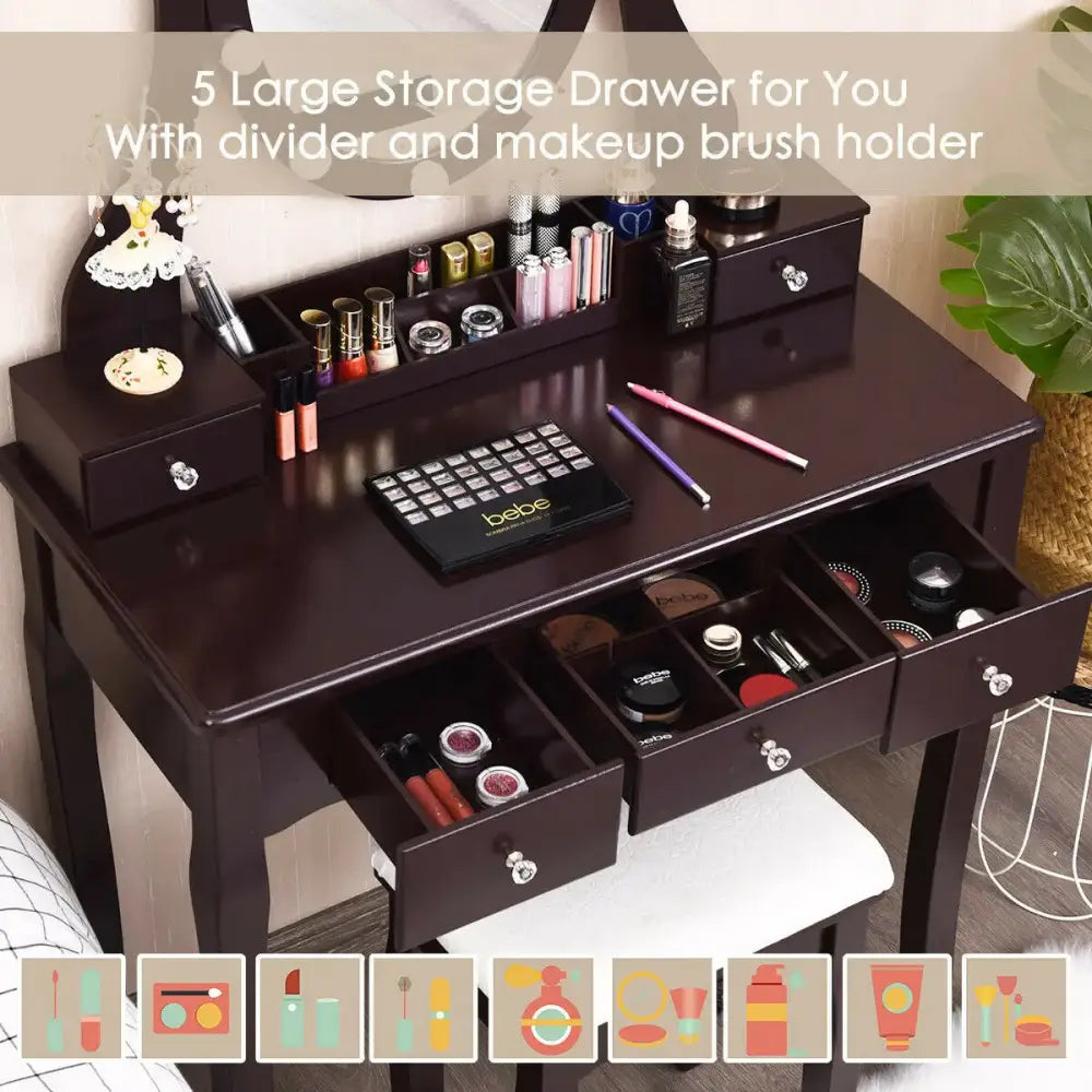 10 Dimmable Lights Vanity Table Set with Lighted Mirror and Cushioned Stool-Brown Costway