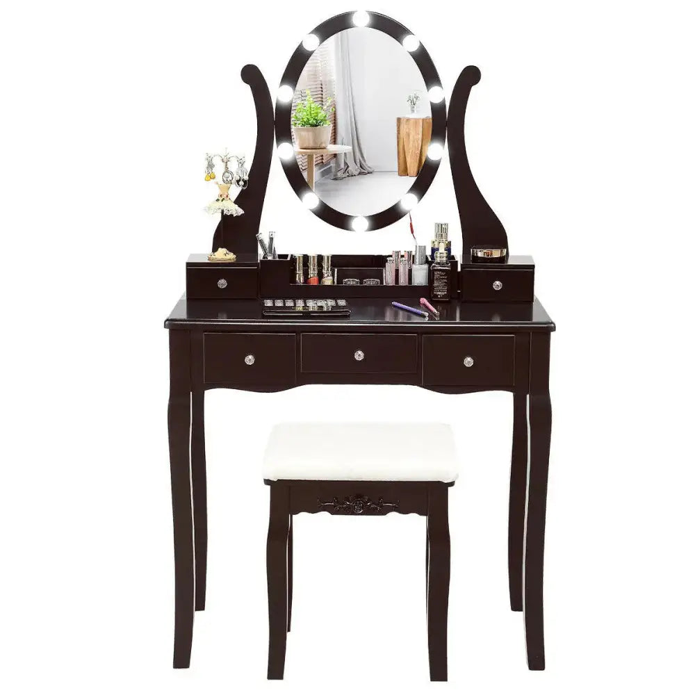 10 Dimmable Lights Vanity Table Set with Lighted Mirror and Cushioned Stool-Brown Costway