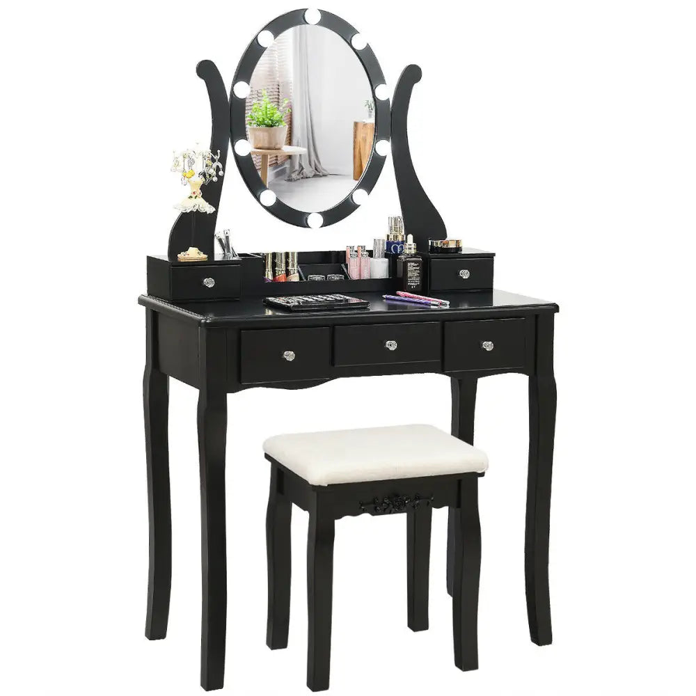 10 Dimmable Lights Vanity Table Set with Lighted Mirror and Cushioned Stool-Black - Black - Makeup Vanities