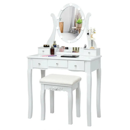 10 Dimmable Lights Vanity Table Set with Lighted Mirror and Cushioned Stool-White Costway