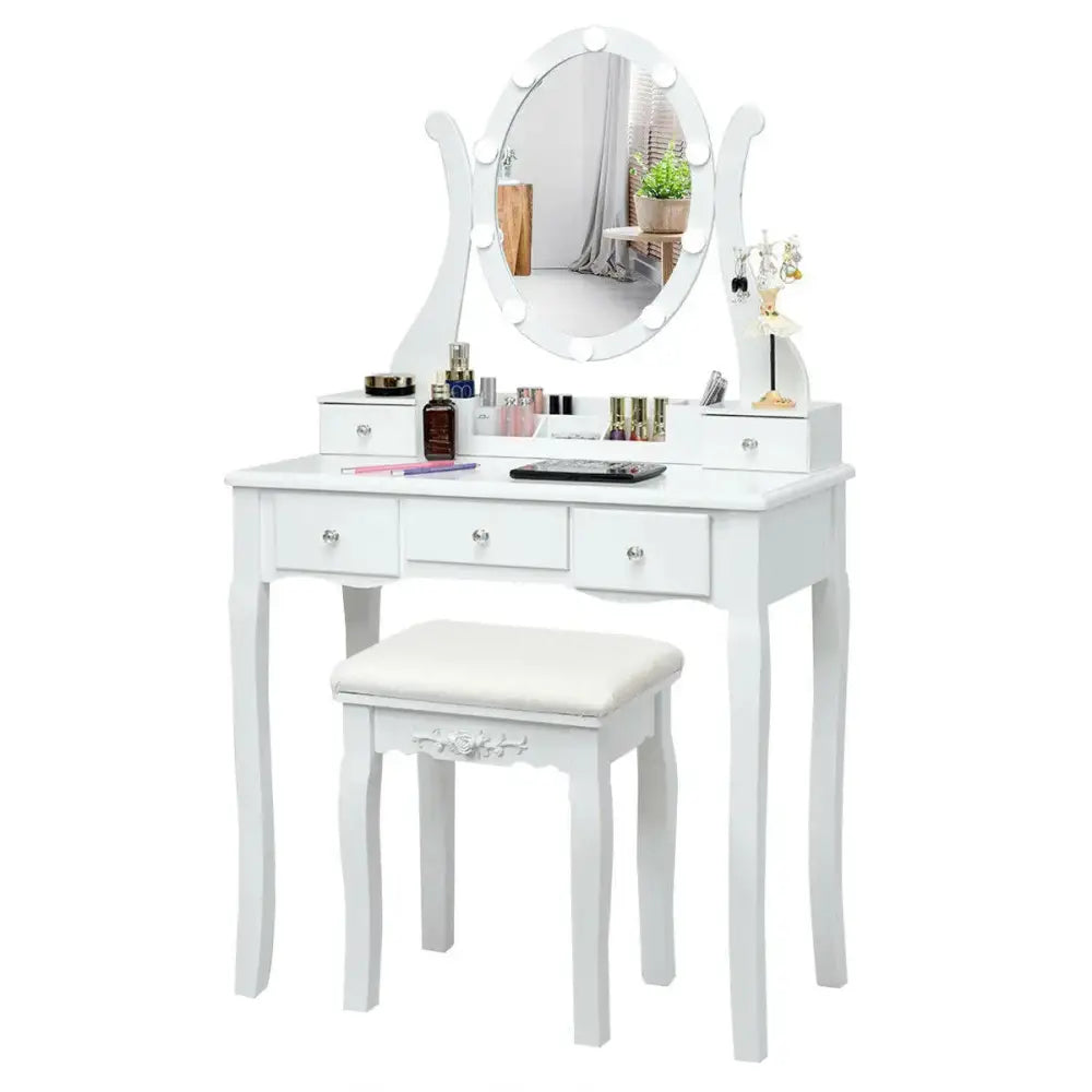 10 Dimmable Lights Vanity Table Set with Lighted Mirror and Cushioned Stool-White Costway