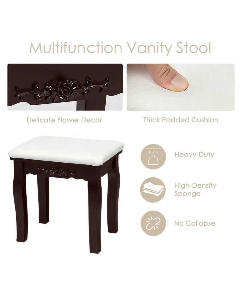 10 Dimmable Lights Vanity Table Set with Lighted Mirror and Cushioned Stool-Brown - Brown - Makeup Vanities