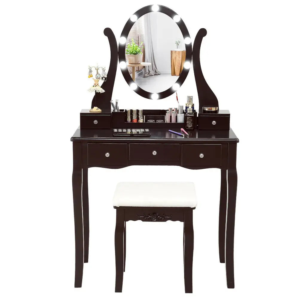 10 Dimmable Lights Vanity Table Set with Lighted Mirror and Cushioned Stool-Brown - Brown - Makeup Vanities