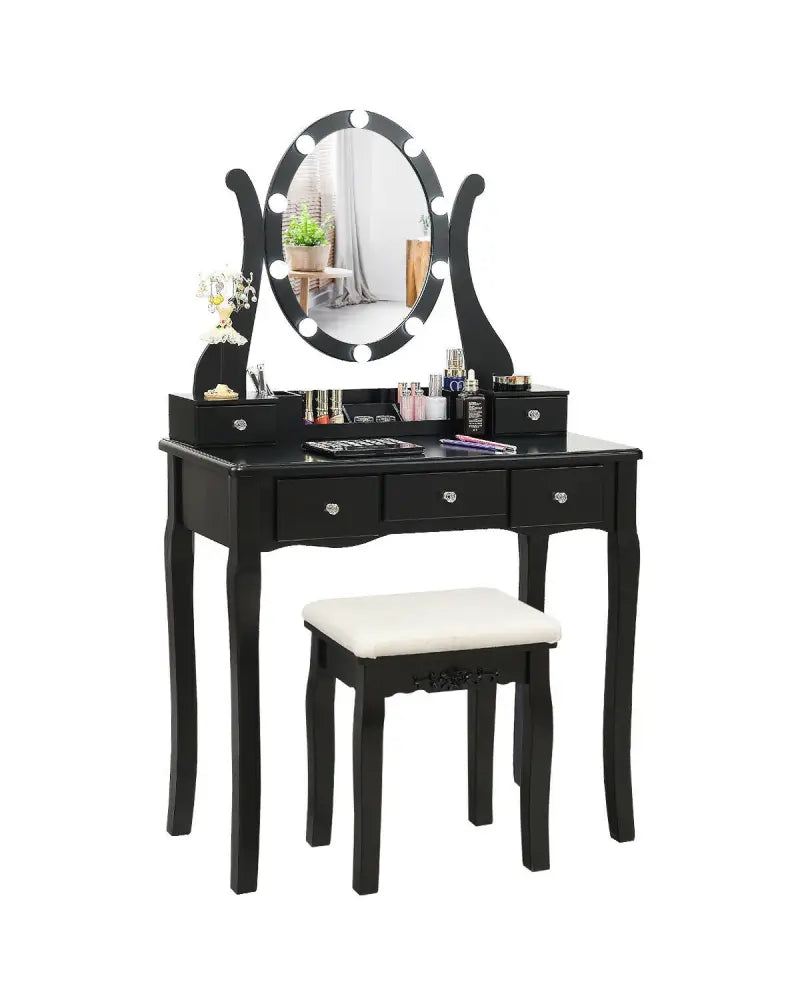 10 Dimmable Lights Vanity Table Set with Lighted Mirror and Cushioned Stool-Black - Black - Makeup Vanities