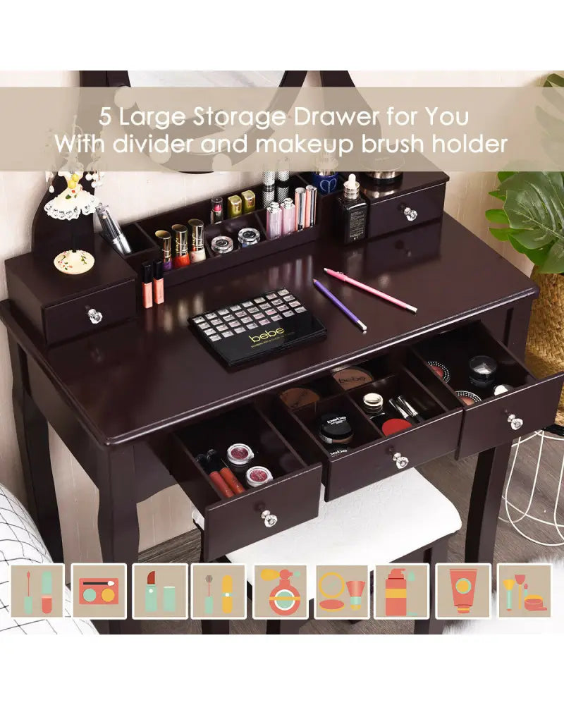 10 Dimmable Lights Vanity Table Set with Lighted Mirror and Cushioned Stool-Brown - Brown - Makeup Vanities