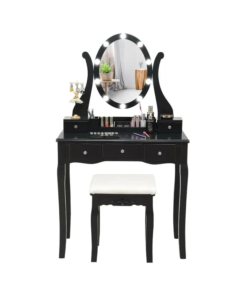10 Dimmable Lights Vanity Table Set with Lighted Mirror and Cushioned Stool-Black - Black - Makeup Vanities