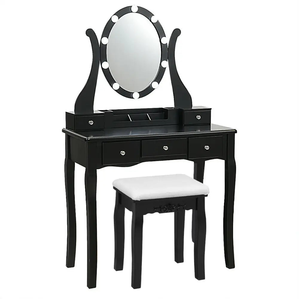10 Dimmable Lights Vanity Table Set with Lighted Mirror and Cushioned Stool-Black - Black - Makeup Vanities