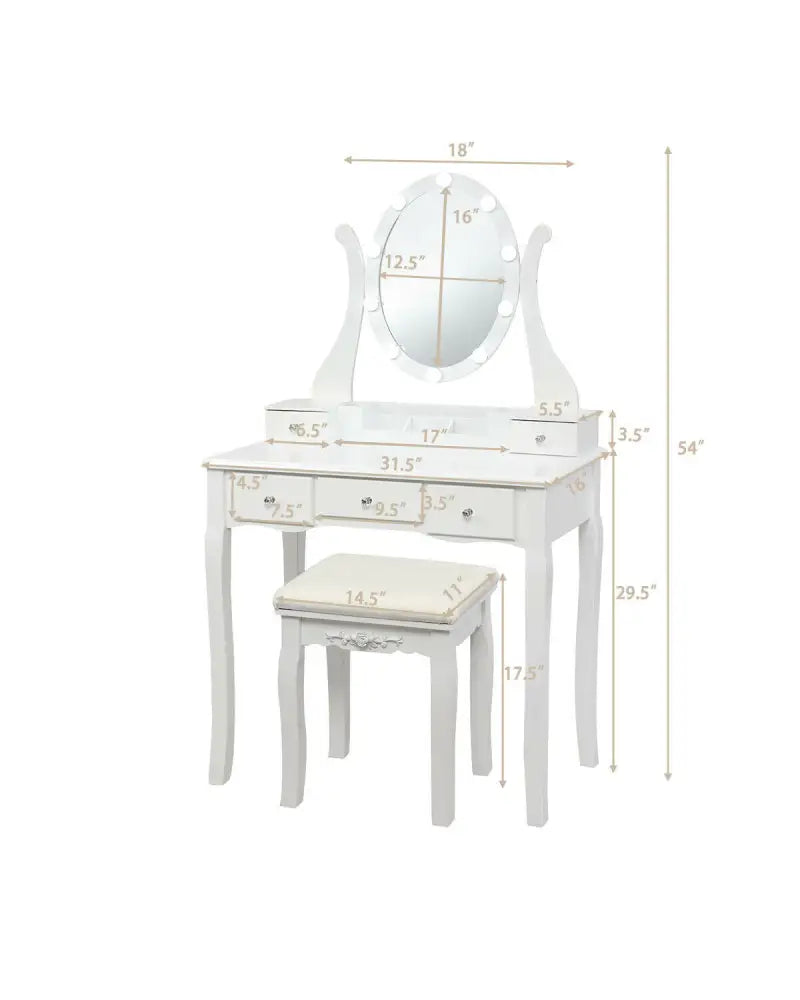 10 Dimmable Lights Vanity Table Set with Lighted Mirror and Cushioned Stool-White - White - Makeup Vanities