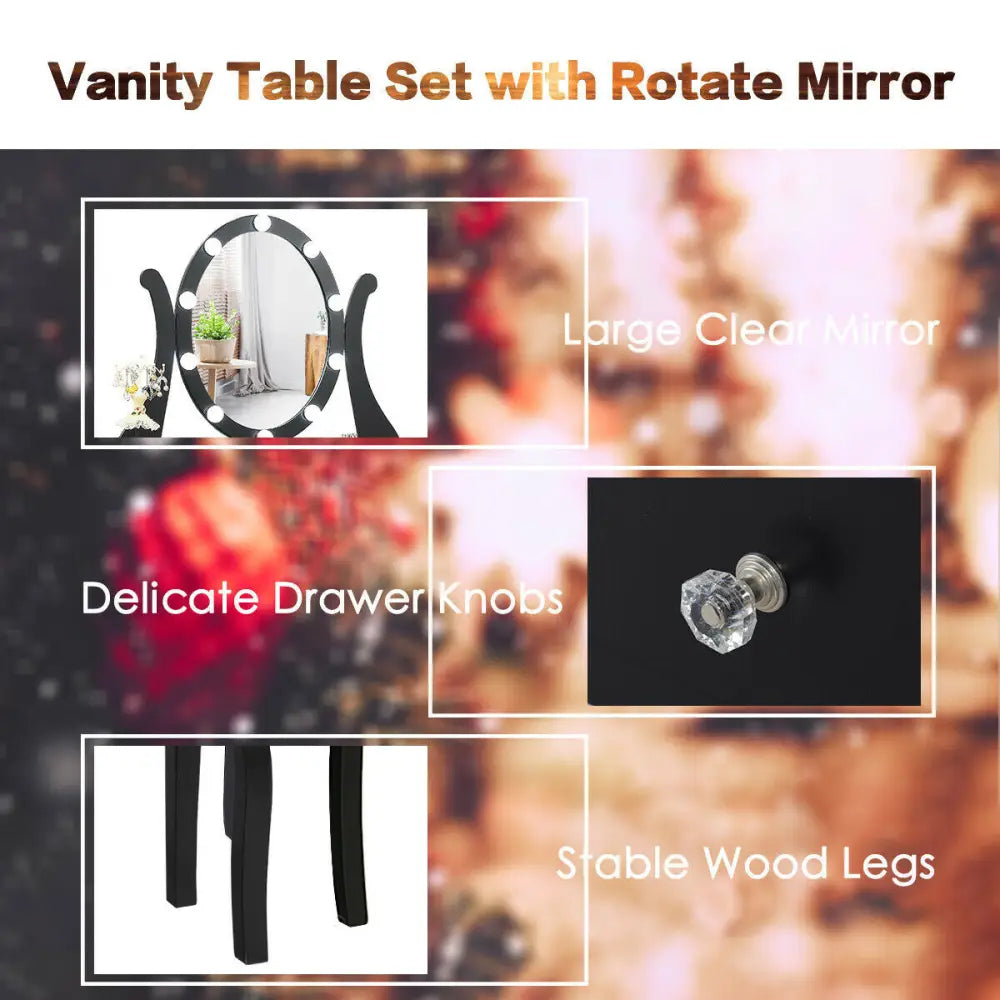 10 Dimmable Lights Vanity Table Set with Lighted Mirror and Cushioned Stool-Black - Black - Makeup Vanities