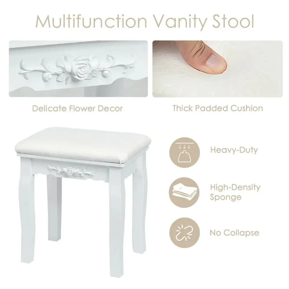 10 Dimmable Lights Vanity Table Set with Lighted Mirror and Cushioned Stool-White Costway